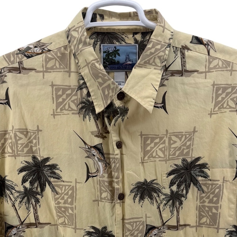 AFTCO Bluewater Mens 2X Tan Marlin Palm Tree Tropical Cotton Button Down Shirt